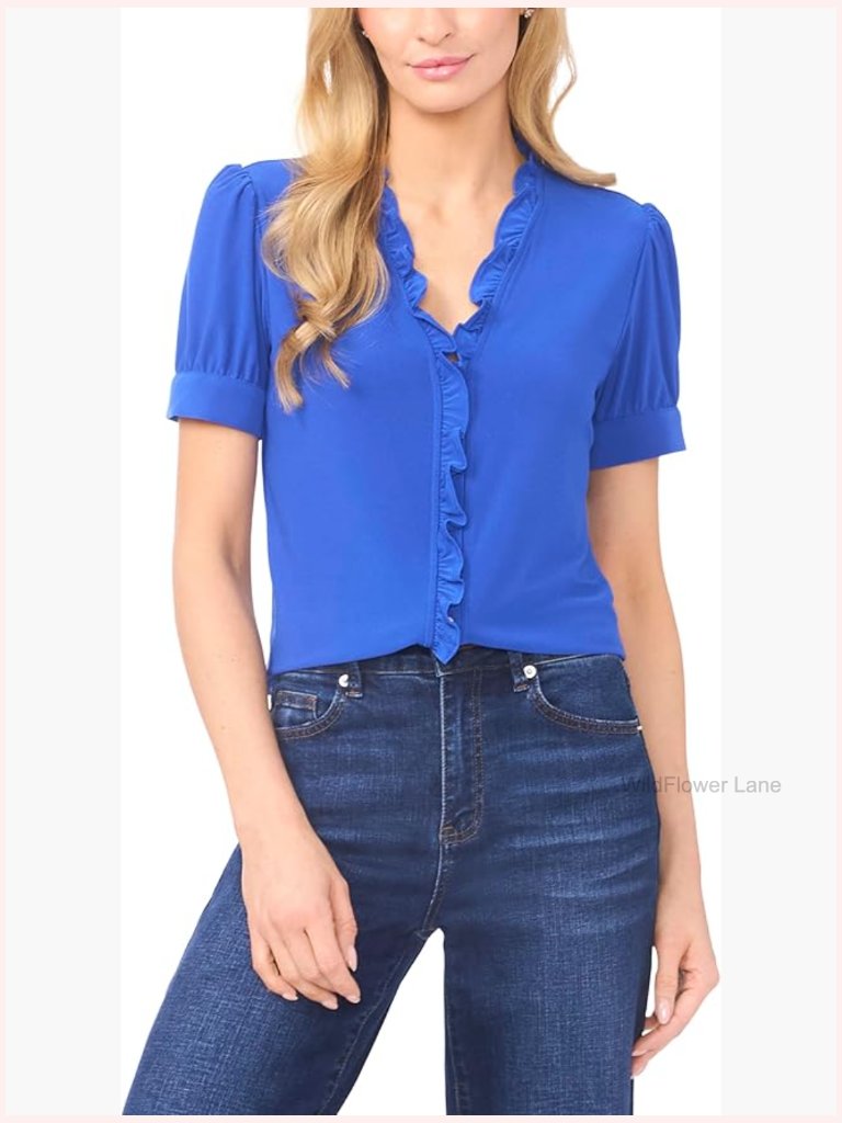 Short Sleeve Button Ruffle Trim Top Blouse